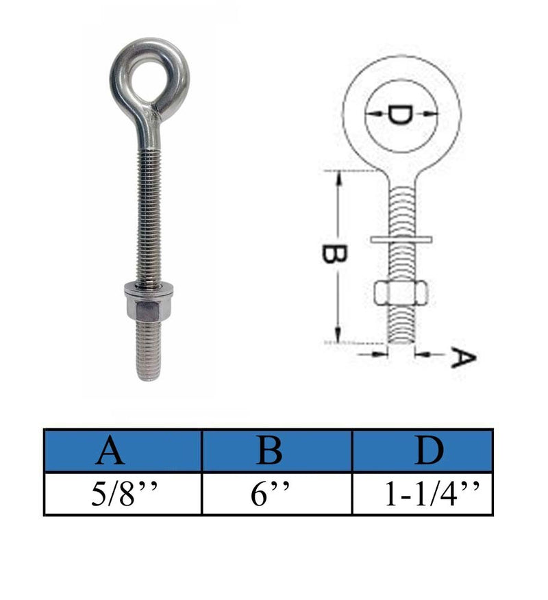 4 Pc Marine T316 Stainless Steel 5/8" x 6" Welded Plain Eye Bolt 2,400 Lbs WLL