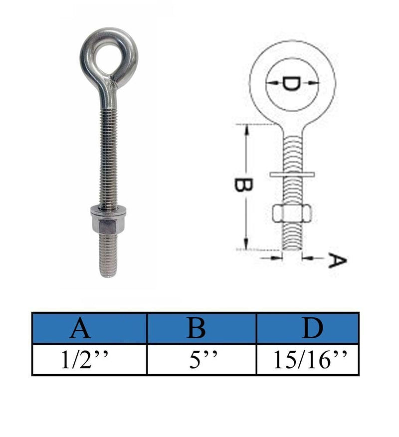 Marine Boat T316 Stainless Steel 1/2" x 5" Welded Plain Eye Bolt 1,800 Lbs WLL
