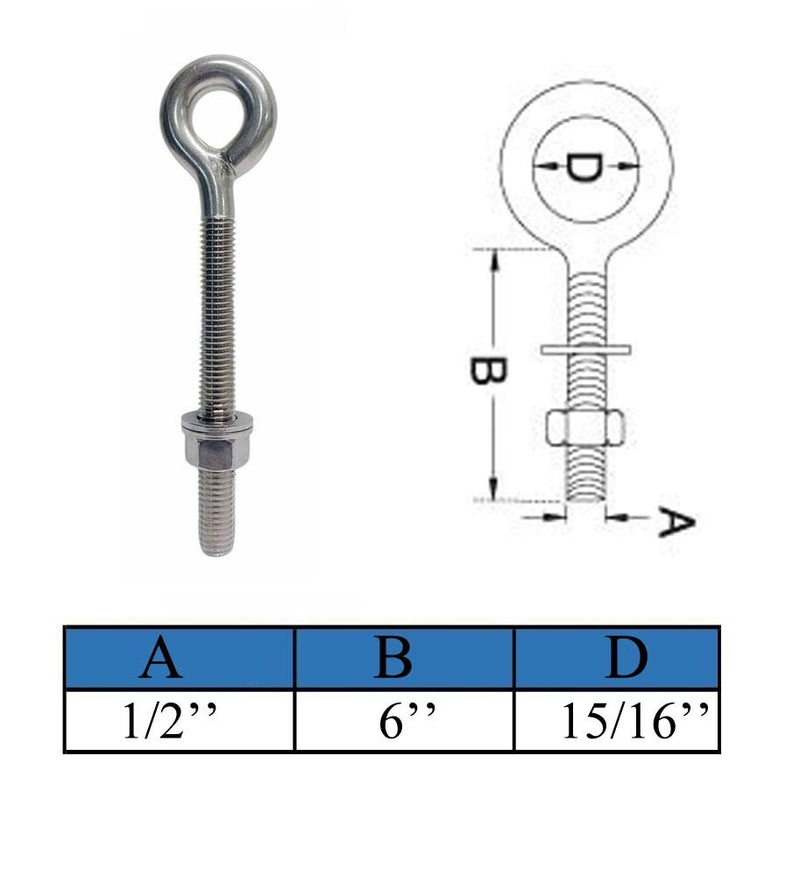4 Pc Marine T316 Stainless Steel 1/2" x 6" Welded Plain Eye Bolt 1,800 Lbs WLL