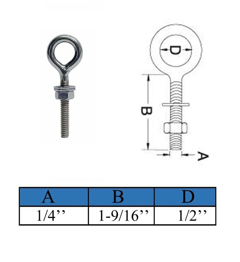 4 Pc Marine T316 Stainless Steel 1/4" x 1-9/16" Welded Plain Eye Bolt 400 Lb WLL