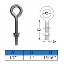 4 Pc Marine T316 Stainless Steel 1/2" x 4" Welded Plain Eye Bolt 1,800 Lbs WLL