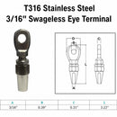 Marine Boat Stainless Steel T316 3/16" Swageless Eye Terminal Cable Rail Railing Wire Rope