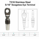 4 Pc Marine Boat Stainless Steel T316 5/16" Swageless Eye Terminal Cable Rail Railing Wire Rope