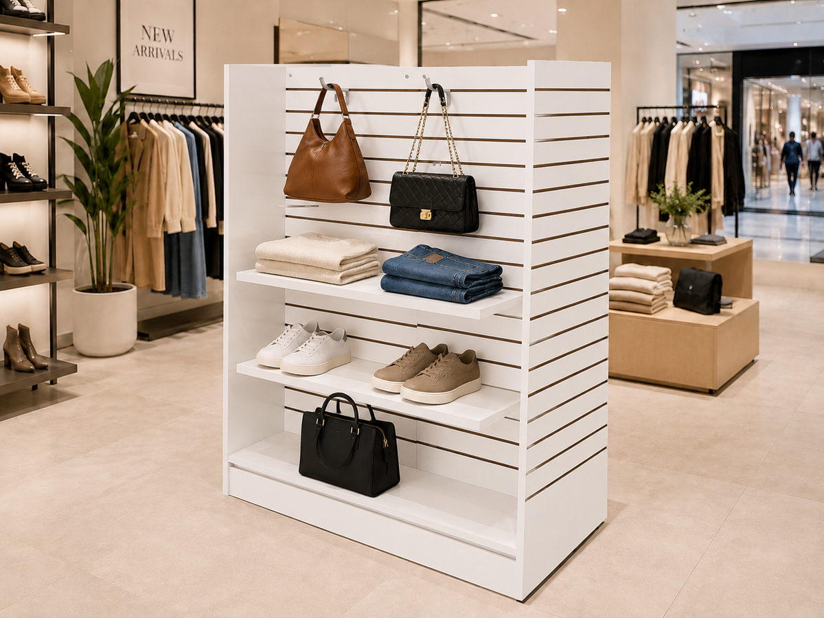 48"W x 24"D x 54"H Shaped Slatwall Gondola Display, Retail Store Floor Display Fixture for Merchandise, Accessories, Tools, Gifts, and Shop Organization
