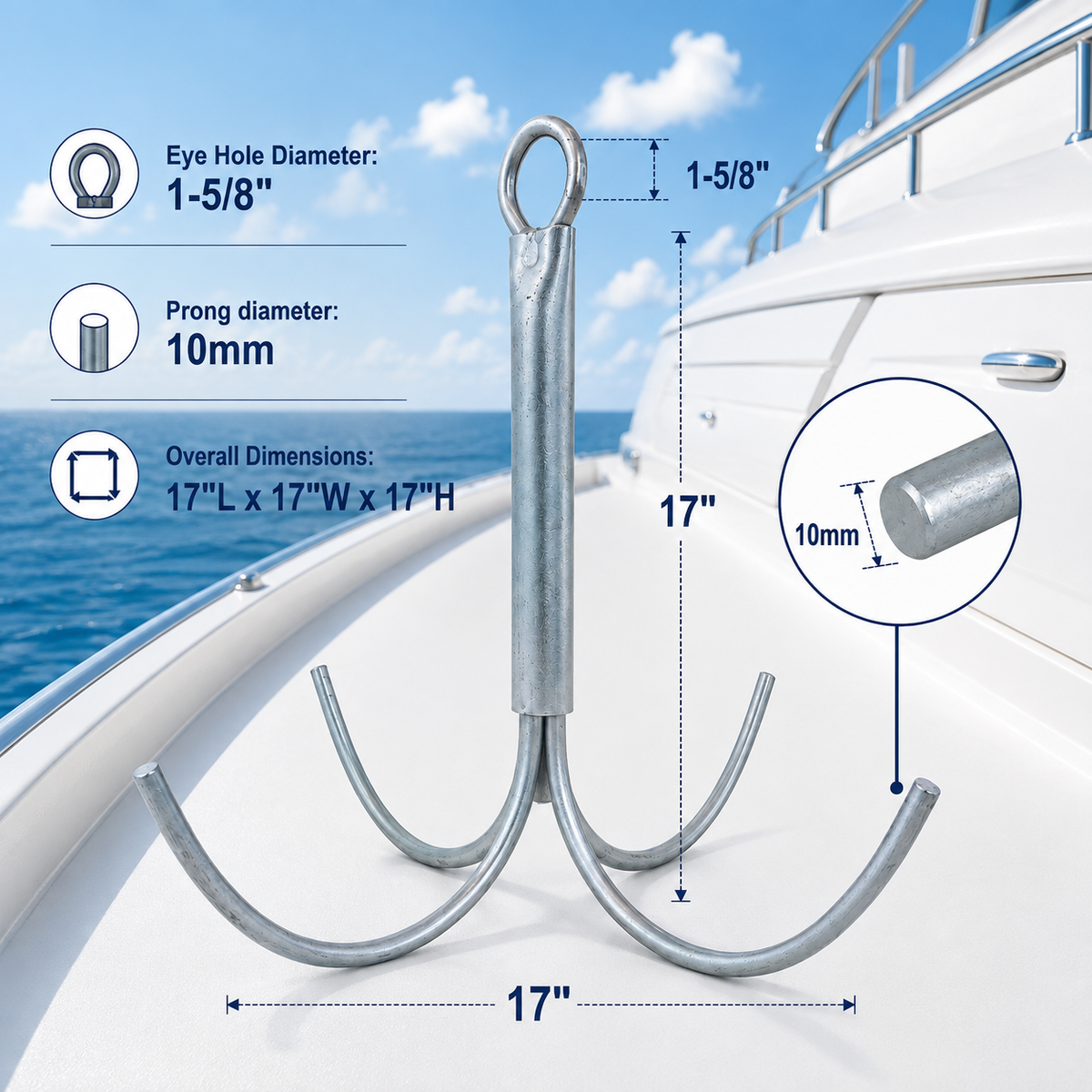 Heavy Duty Galvanized Steel 4-Prong Grapnel Anchor, Boat Anchor for Kayak, Jet Ski, Canoe, Small Watercraft, and Marine Use
