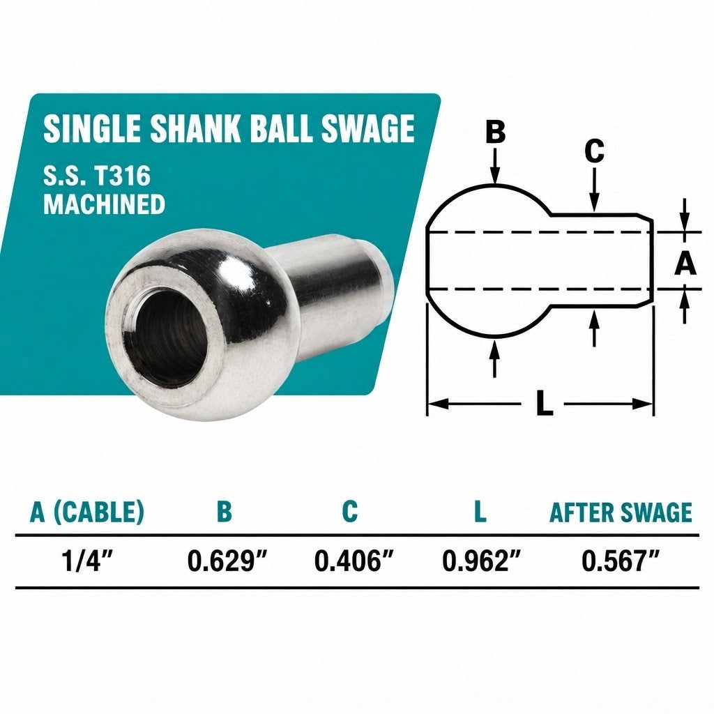 10 Pc Set T316 Stainless Steel Single Shank Ball Swage Fitting Terminal, Cable Wire Rope End Fitting for Marine, Rigging, Railing