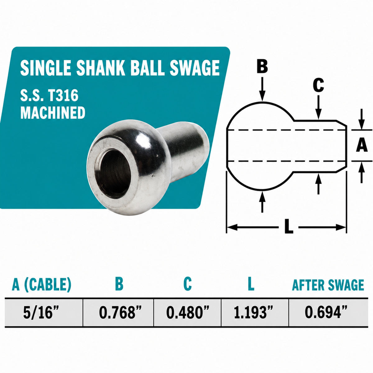 10 Pc Set T316 Stainless Steel Single Shank Ball Swage Fitting Terminal, Cable Wire Rope End Fitting for Marine, Rigging, Railing