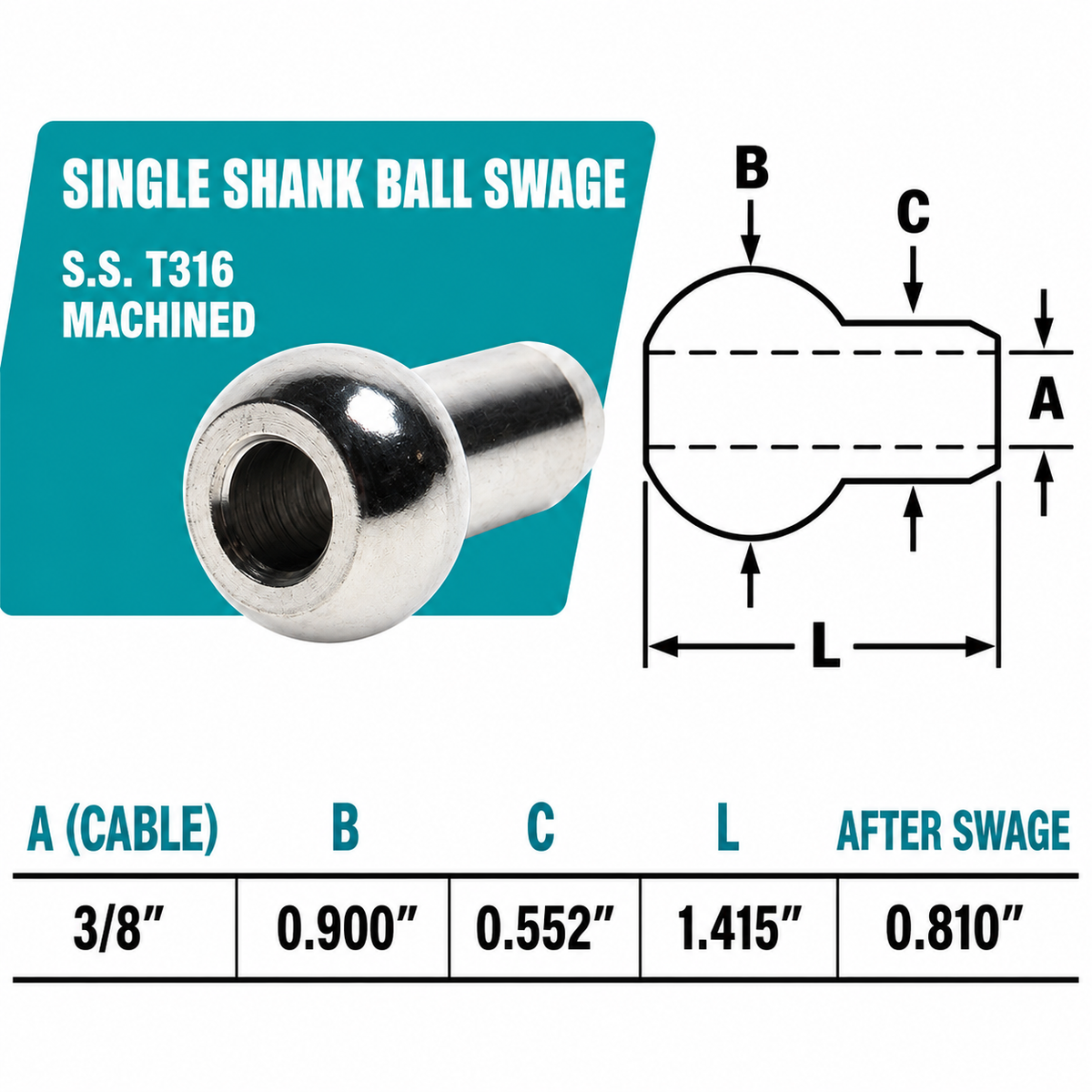 10 Pc Set T316 Stainless Steel Single Shank Ball Swage Fitting Terminal, Cable Wire Rope End Fitting for Marine, Rigging, Railing