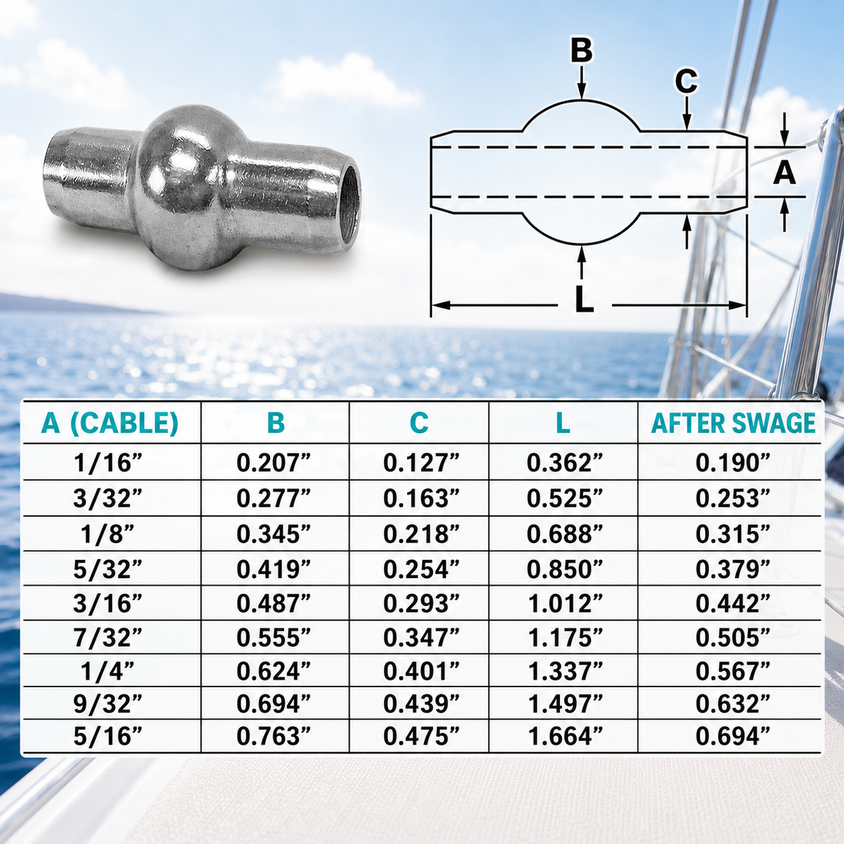 10 Pc Set T316 Stainless Steel Double Shank Ball Swage Fitting Terminal, Cable Wire Rope End Fitting for Marine, Rigging, Railing