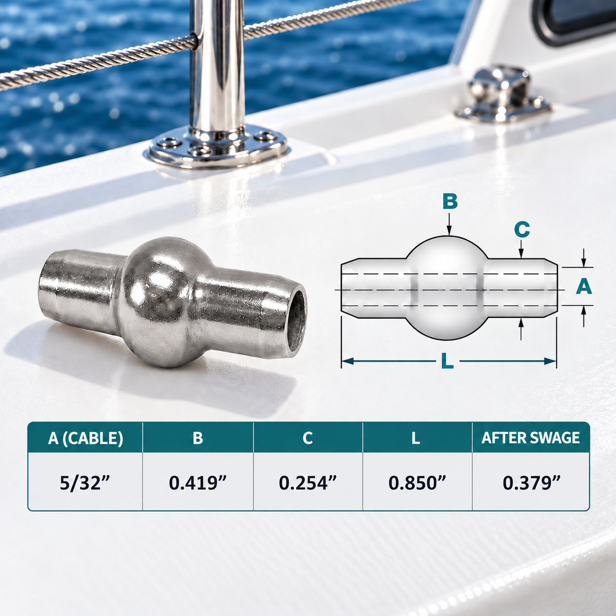 10 Pc Set T316 Stainless Steel Double Shank Ball Swage Fitting Terminal, Cable Wire Rope End Fitting for Marine, Rigging, Railing