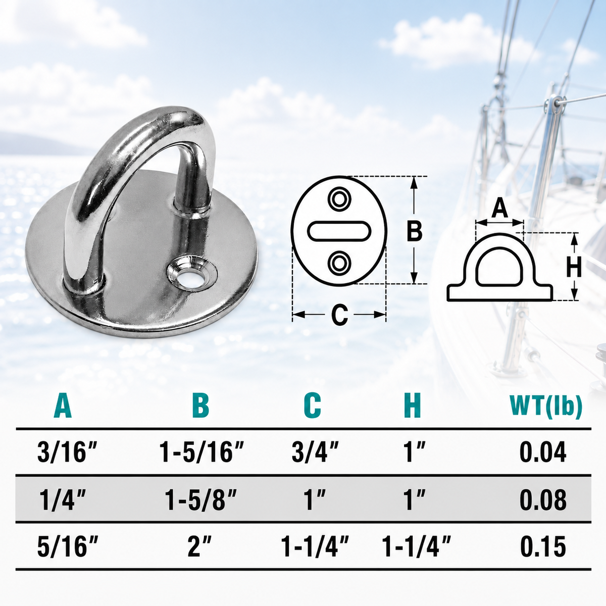 6 Pc Set Marine Boat Stainless Steel Round Pad Eye Plate, Deck Mount Tie Down Ring for Rigging and Outdoor Use