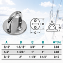 6 Pc Set Marine Boat Stainless Steel Round Pad Eye Plate, Deck Mount Tie Down Ring for Rigging and Outdoor Use