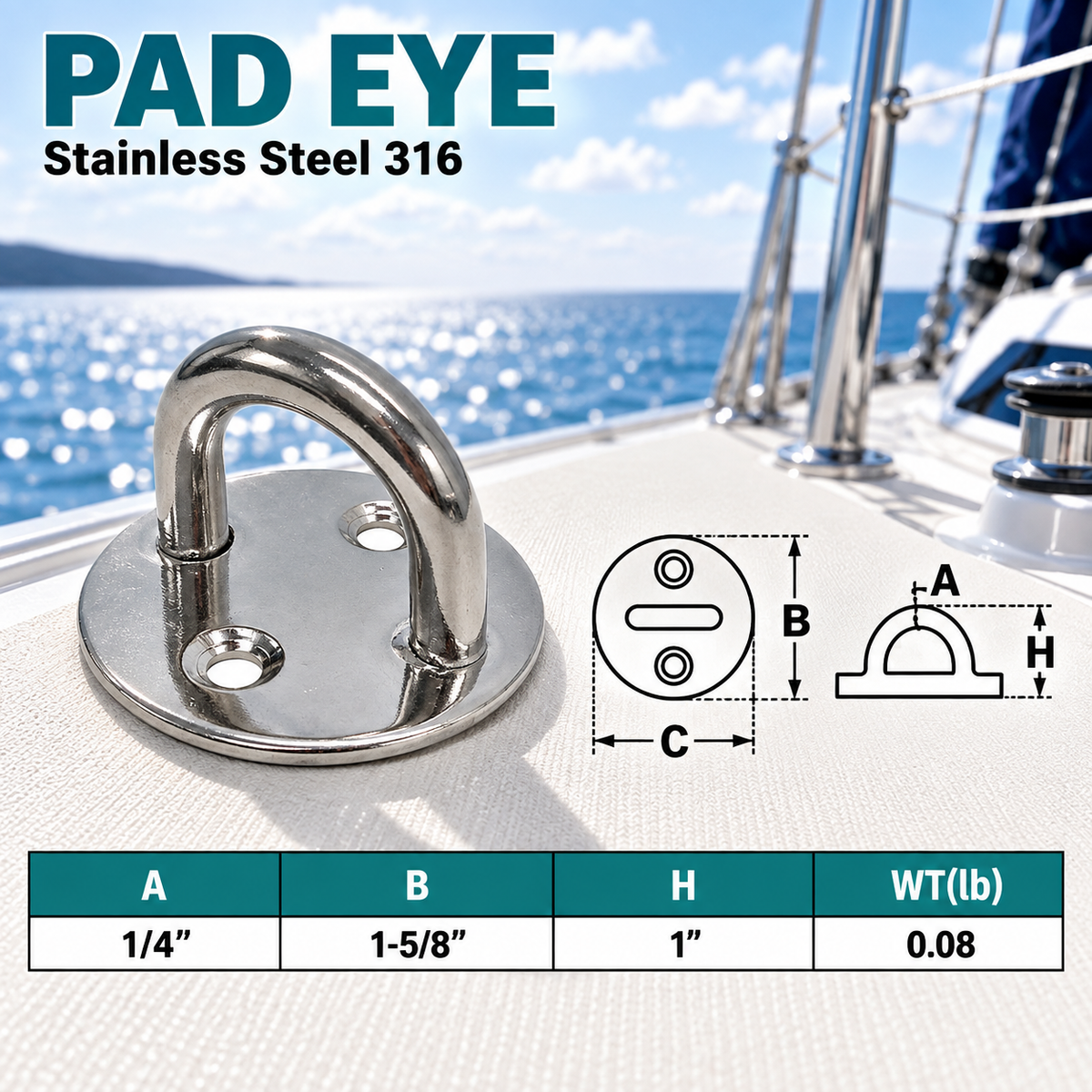 6 Pc Set Marine Boat Stainless Steel Round Pad Eye Plate, Deck Mount Tie Down Ring for Rigging and Outdoor Use