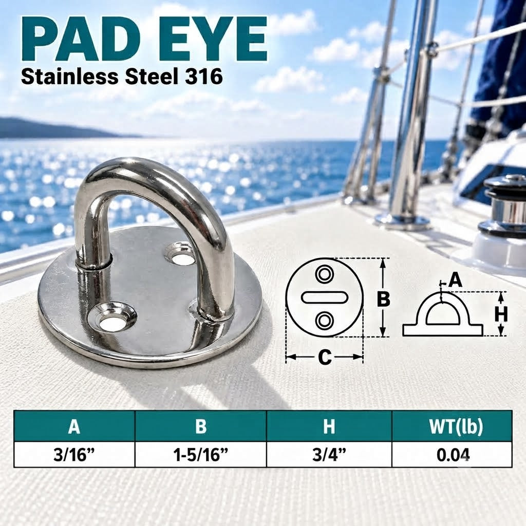 6 Pc Set Marine Boat Stainless Steel Round Pad Eye Plate, Deck Mount Tie Down Ring for Rigging and Outdoor Use