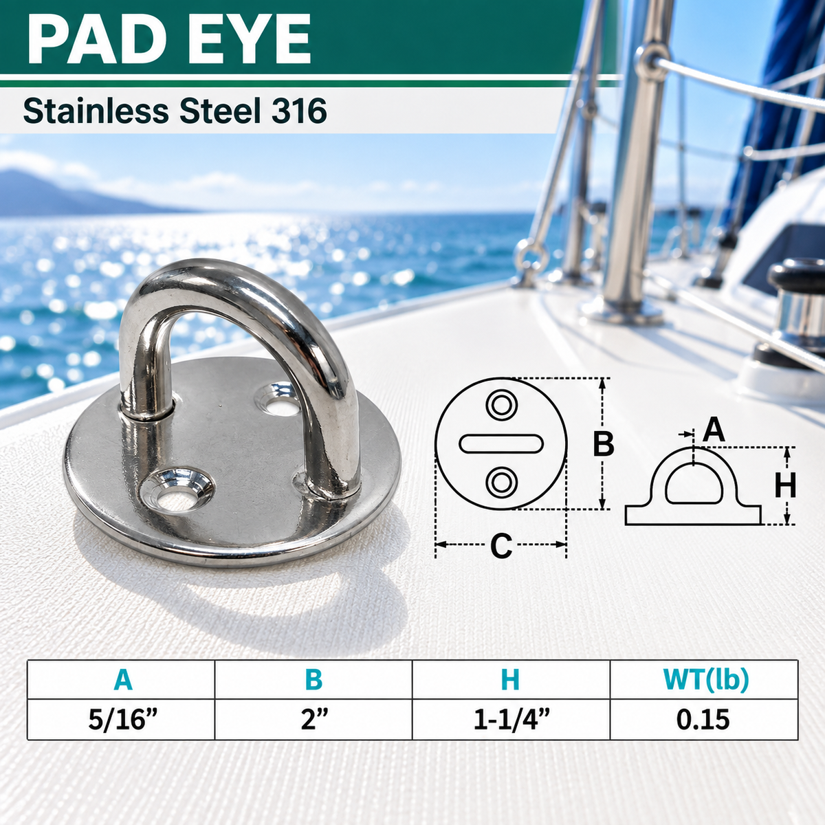 6 Pc Set Marine Boat Stainless Steel Round Pad Eye Plate, Deck Mount Tie Down Ring for Rigging and Outdoor Use