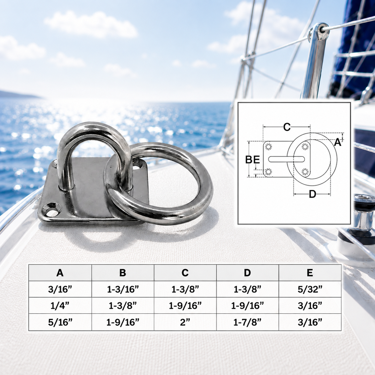 4 Pc Set Marine Boat T304 Stainless Steel Square Pad Eye Plate with Ring, Welded Formed  for Deck, Dock, Rope, Cable