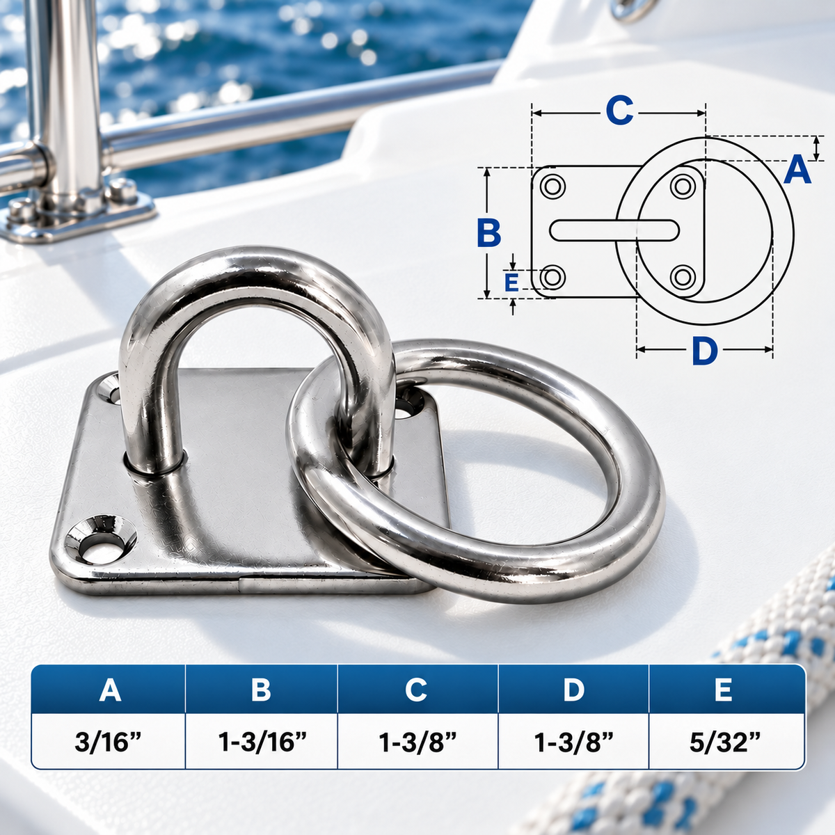 4 Pc Set Marine Boat T304 Stainless Steel Square Pad Eye Plate with Ring, Welded Formed  for Deck, Dock, Rope, Cable