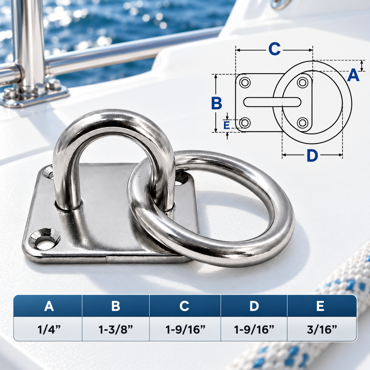 4 Pc Set Marine Boat T304 Stainless Steel Square Pad Eye Plate with Ring, Welded Formed  for Deck, Dock, Rope, Cable