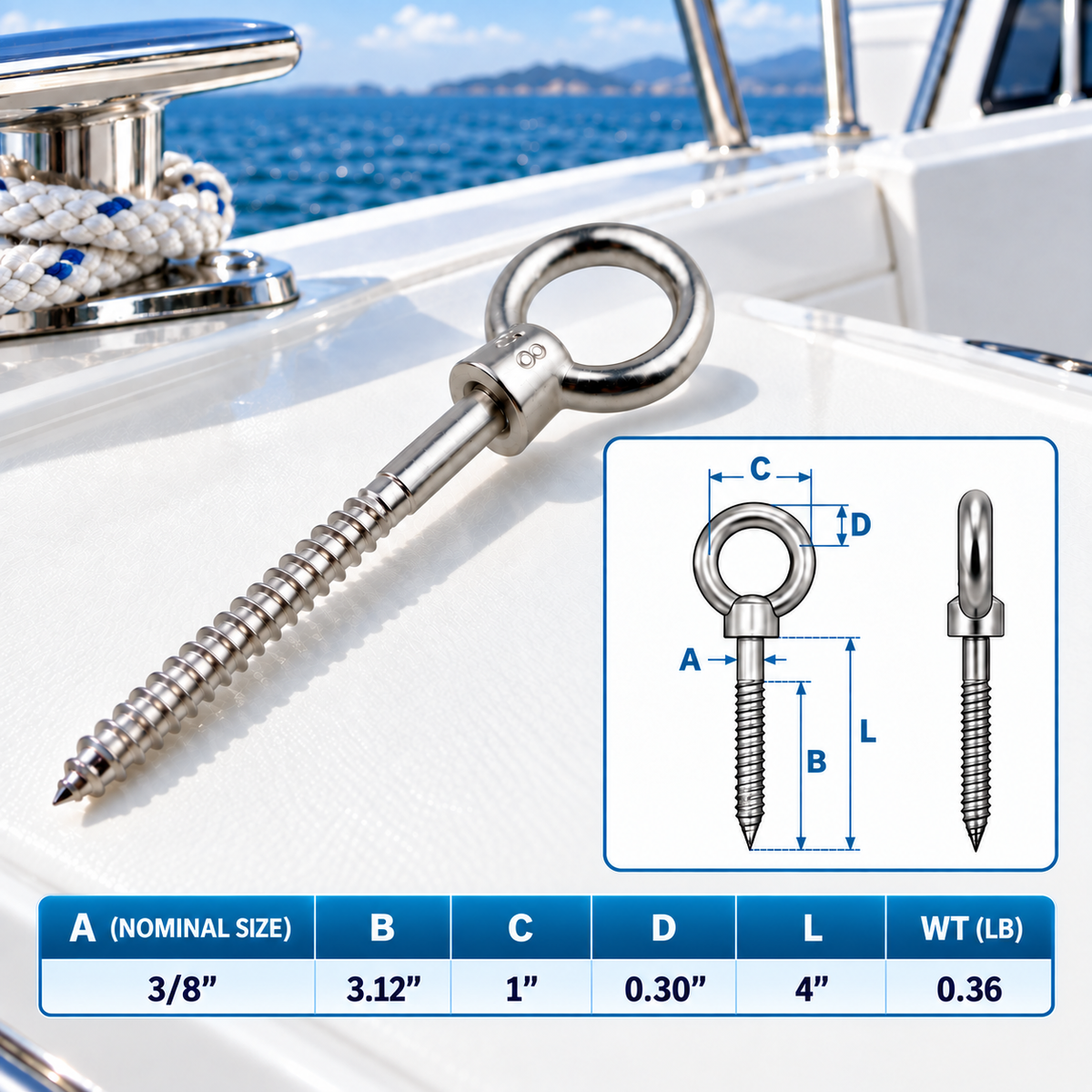 5 Pc Set T316 Stainless Steel Screw Lag Eye Bolt, Marine Boat Lag Thread Eye Screw for Deck, Dock, Wood Post, Rope, Cable