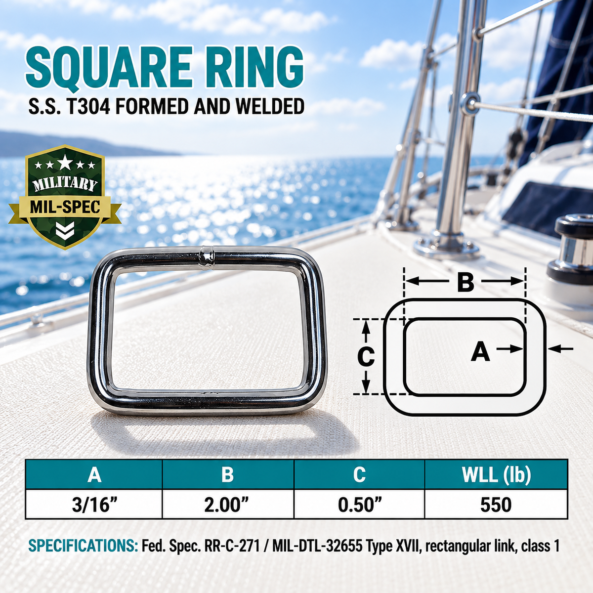 4 Pc Set Marine Stainless Steel Rectangular Ring Link, Mil Spec Hardware for Rigging, Straps, Webbing, Rope