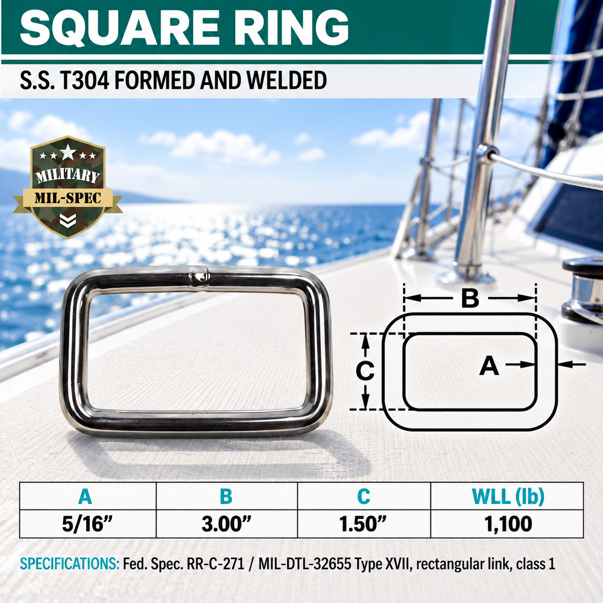 4 Pc Set Marine Stainless Steel Rectangular Ring Link, Mil Spec Hardware for Rigging, Straps, Webbing, Rope