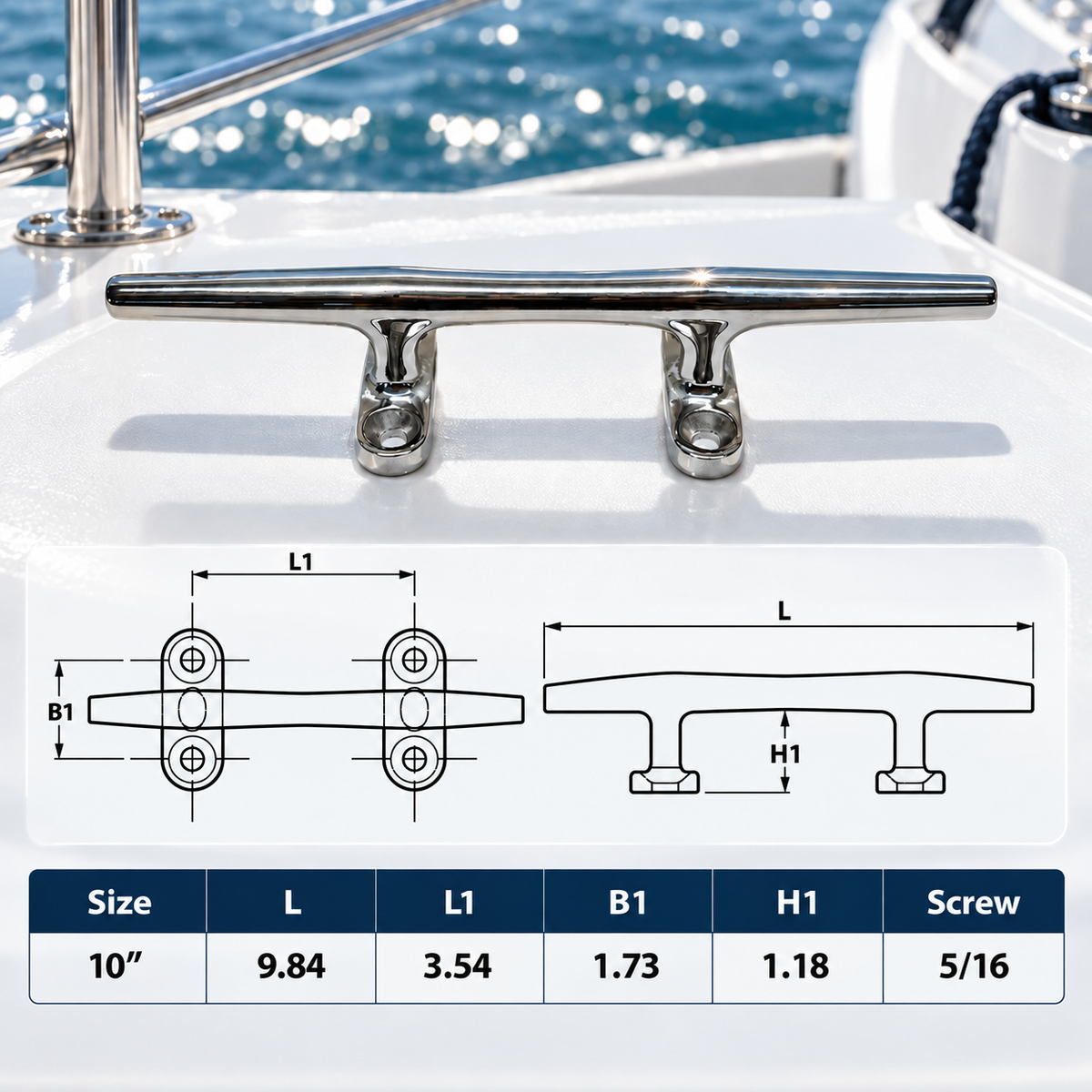 4 Pc Set Marine Boat T316 Stainless Steel Blue Water Cleat, Flat Top Dock Deck Rope Cleat for Boat, Yacht, Mooring