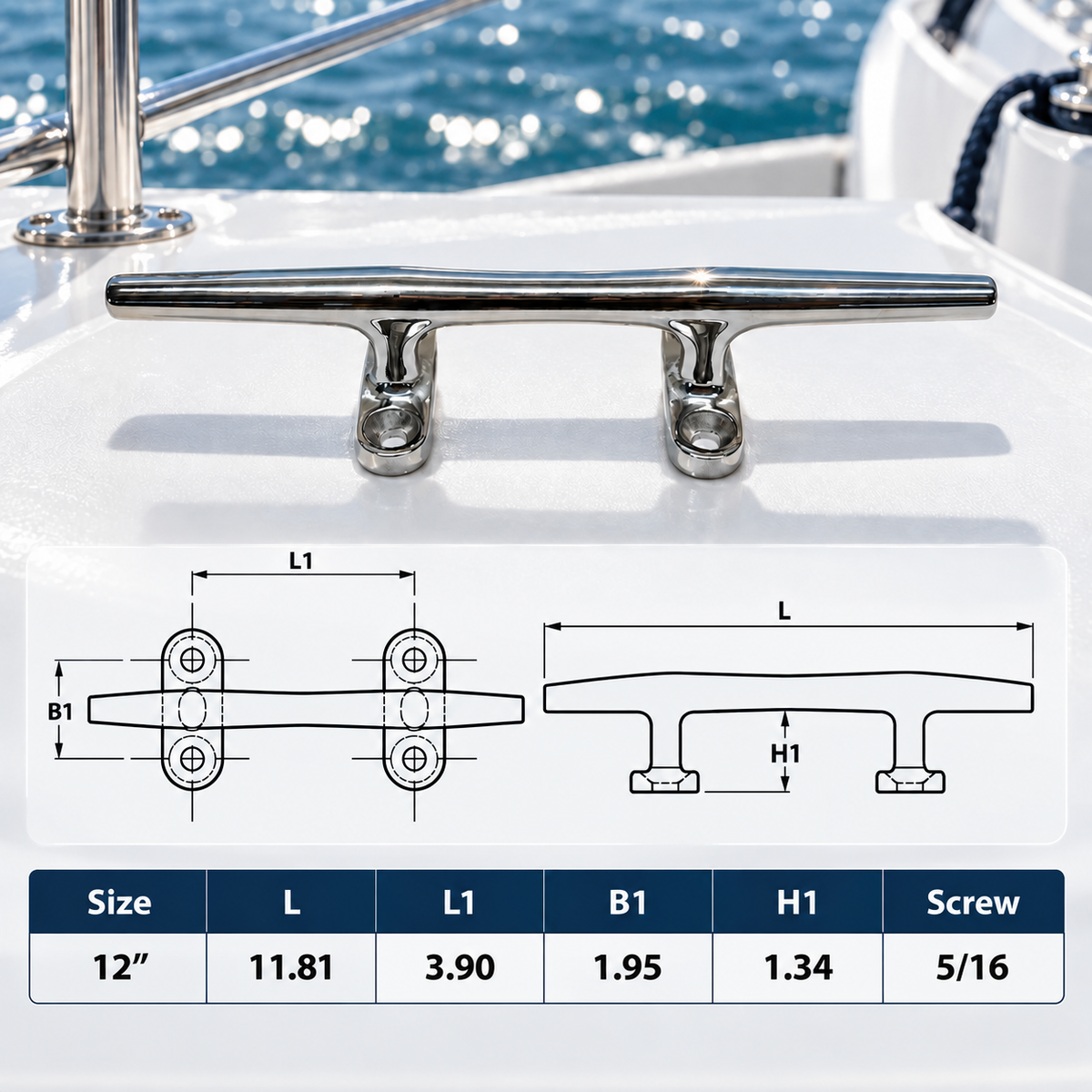 4 Pc Set Marine Boat T316 Stainless Steel Blue Water Cleat, Flat Top Dock Deck Rope Cleat for Boat, Yacht, Mooring