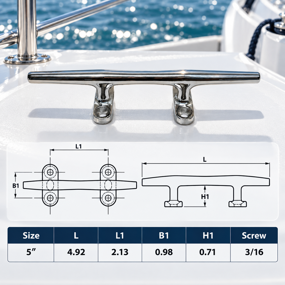 4 Pc Set Marine Boat T316 Stainless Steel Blue Water Cleat, Flat Top Dock Deck Rope Cleat for Boat, Yacht, Mooring