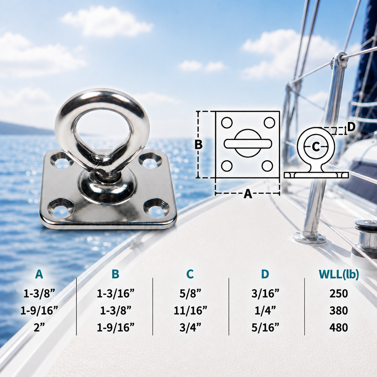 4 Pc Set Marine T316 Stainless Steel Square Swivel Pad Eye, Rigging Lift Rope Anchor Plate for Deck, Dock, Chain