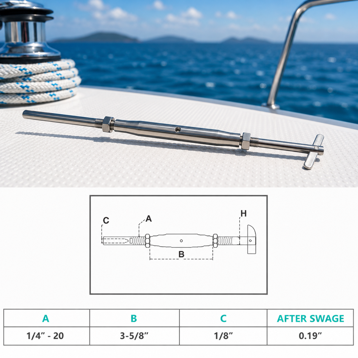 4 Pc Set T316 Stainless Steel 1/4" Threaded Drop Pin and Hand Swage Stud Turnbuckle for Cable, Wire Rope Railing Tensioner