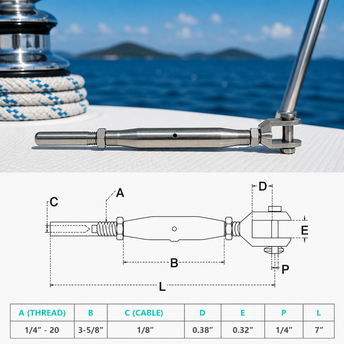 4 Pc Set Marine T316 Stainless Steel Thread Fork and Swage Stud Turnbuckle for Cable Wire, Wire Rope Railing Tensioner