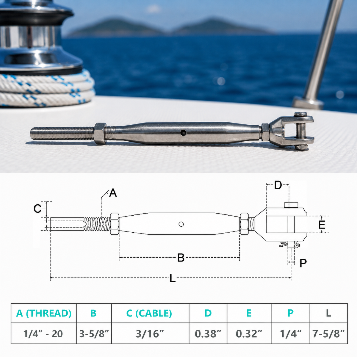 4 Pc Set Marine T316 Stainless Steel Thread Fork and Swage Stud Turnbuckle for Cable Wire, Wire Rope Railing Tensioner