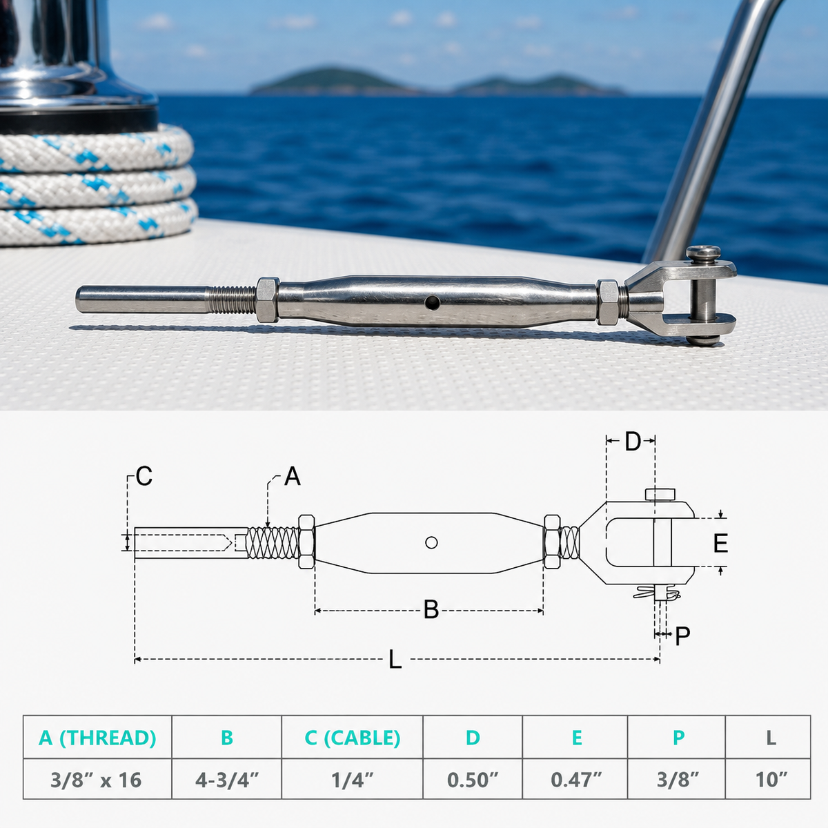 4 Pc Set Marine T316 Stainless Steel Thread Fork and Swage Stud Turnbuckle for Cable Wire, Wire Rope Railing Tensioner
