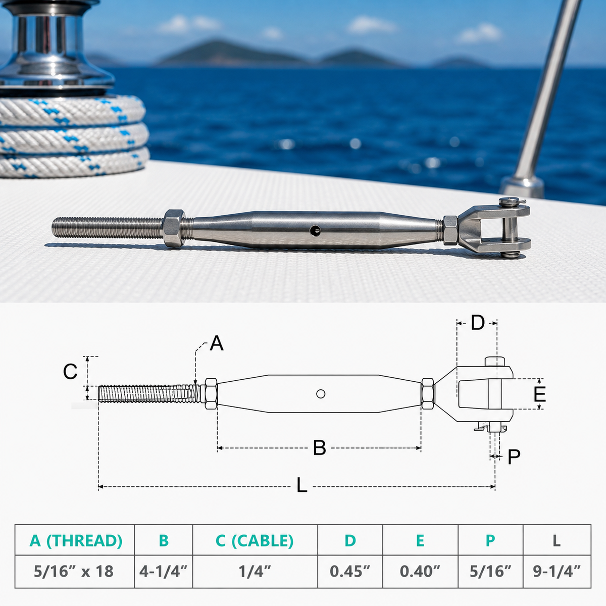 4 Pc Set Marine T316 Stainless Steel Thread Fork and Swage Stud Turnbuckle for Cable Wire, Wire Rope Railing Tensioner