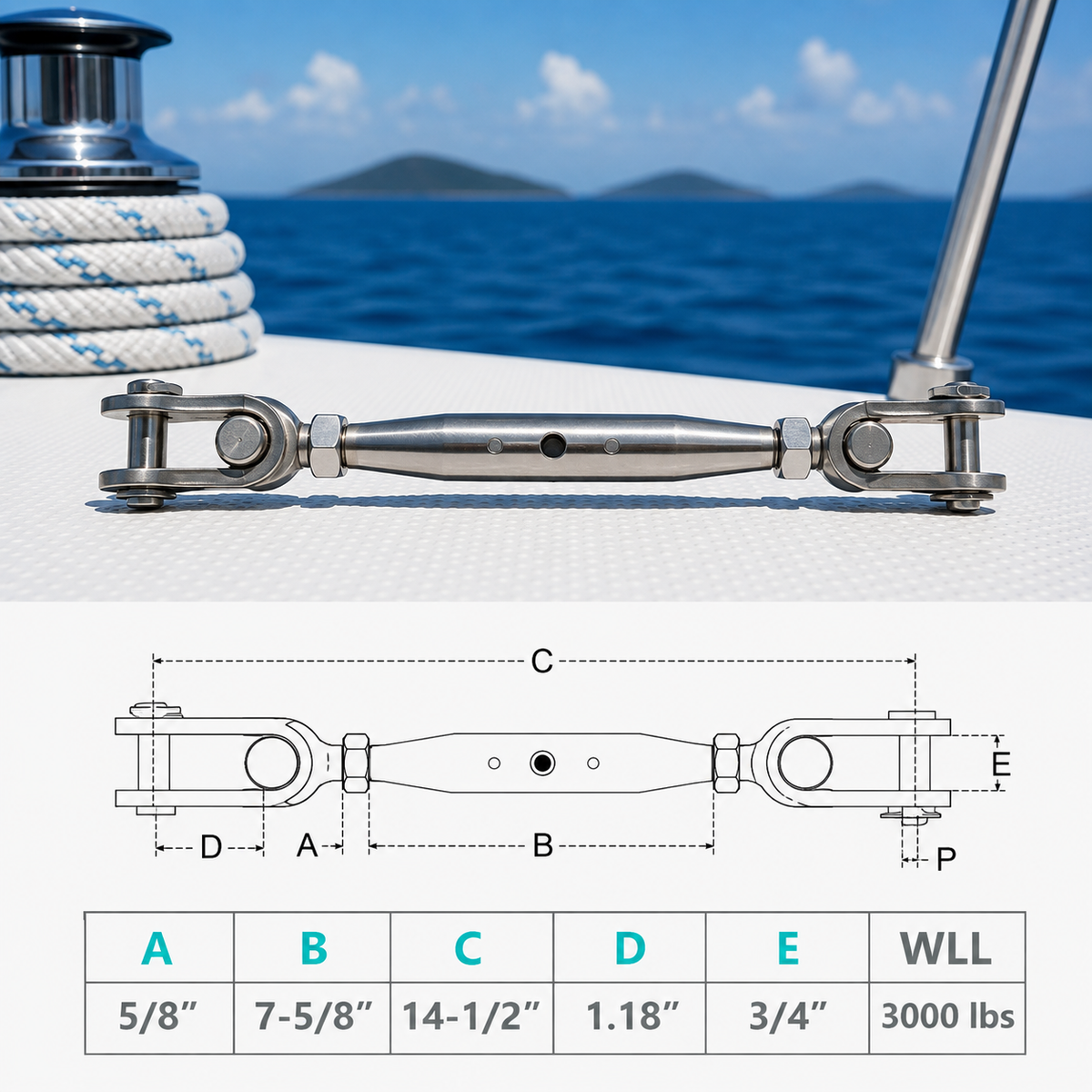 4 Pc Set Marine T316 Stainless Steel Toggle and Toggle Pipe Turnbuckle, Cable Wire Rope Railing Tensioner for Boat, Dock
