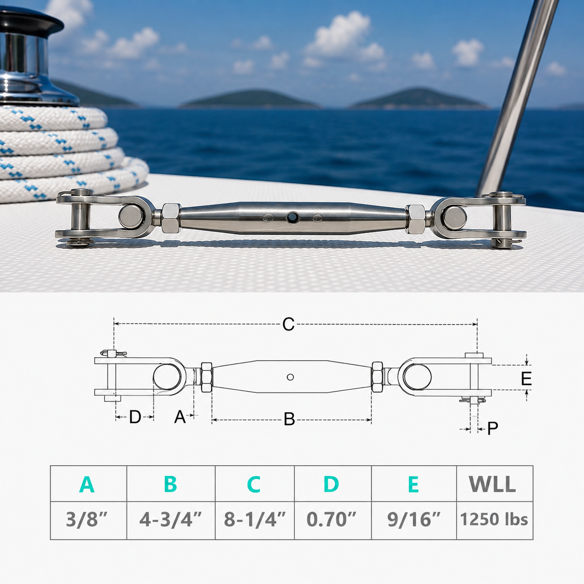 4 Pc Set Marine T316 Stainless Steel Toggle and Toggle Pipe Turnbuckle, Cable Wire Rope Railing Tensioner for Boat, Dock