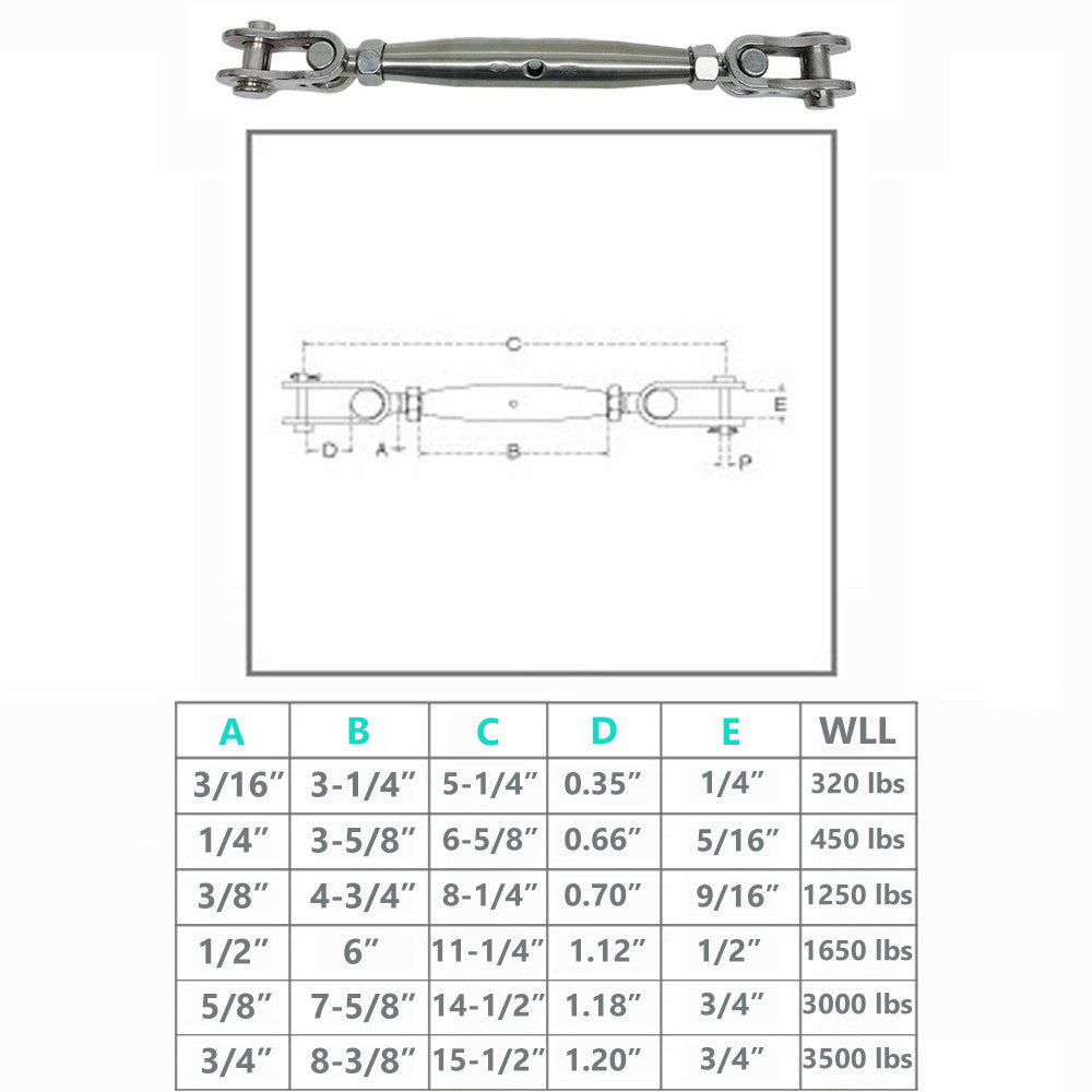 4 Pc Set Marine T316 Stainless Steel Toggle and Toggle Pipe Turnbuckle, Cable Wire Rope Railing Tensioner for Boat, Dock
