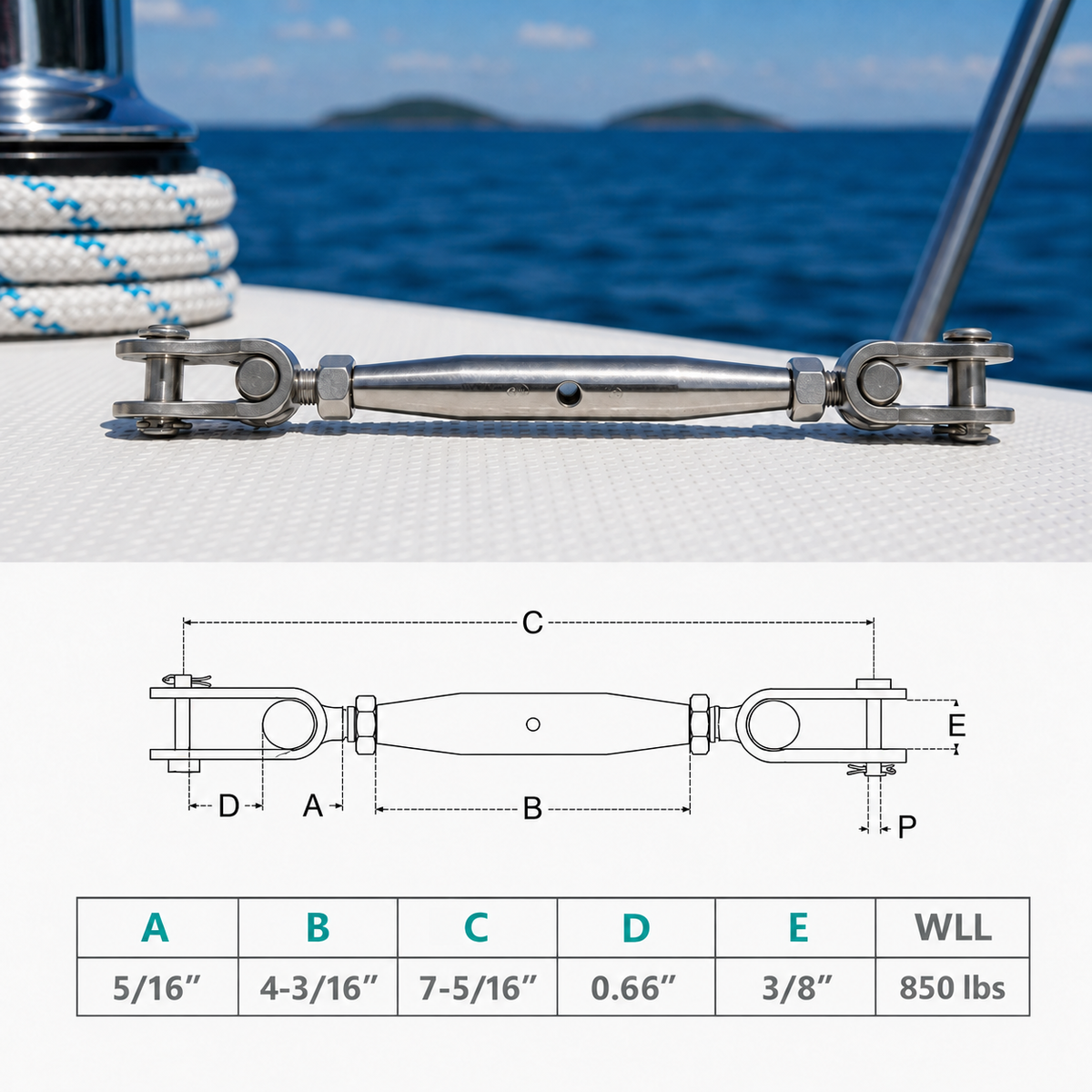 4 Pc Set Marine T316 Stainless Steel Toggle and Toggle Pipe Turnbuckle, Cable Wire Rope Railing Tensioner for Boat, Dock