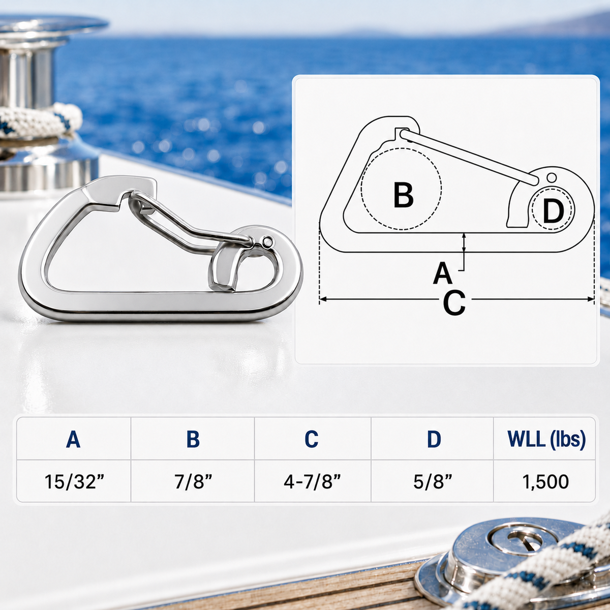 4 Pc Set Stainless Steel T316 Harness Clip Spring Gate Snap Hook, Flat Body Carabiner Hook for Marine, Rigging, Rope