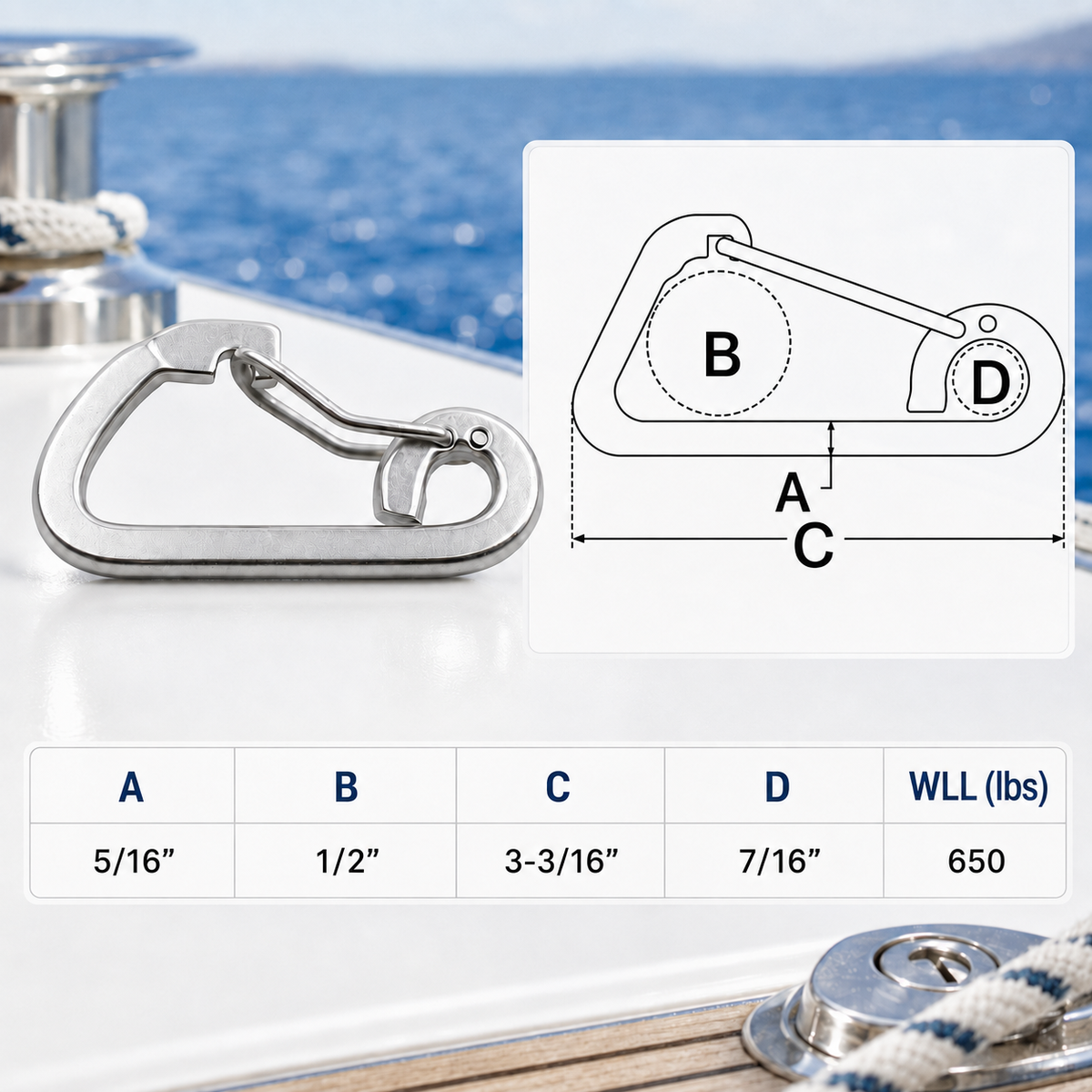 4 Pc Set Stainless Steel T316 Harness Clip Spring Gate Snap Hook, Flat Body Carabiner Hook for Marine, Rigging, Rope