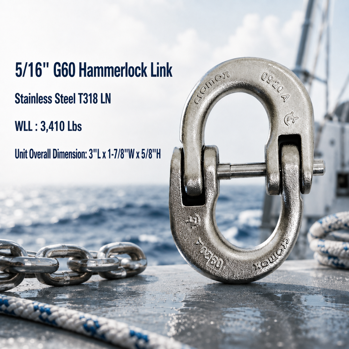 4 Pc Set Stainless Steel T318LN G60 Hammerlock Link, Chain Connecting Link Coupling Link for Lifting, Rigging, Towing