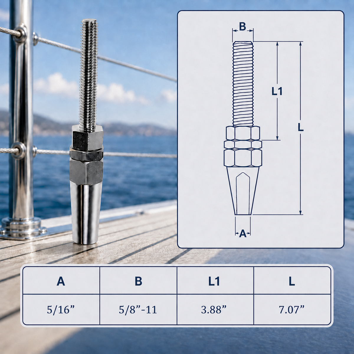 4 Pc Set Marine T316 Stainless Steel Swageless Threaded Stud for Cable Wire, Wire Rope Railing Terminal Fitting for Boat, Dock