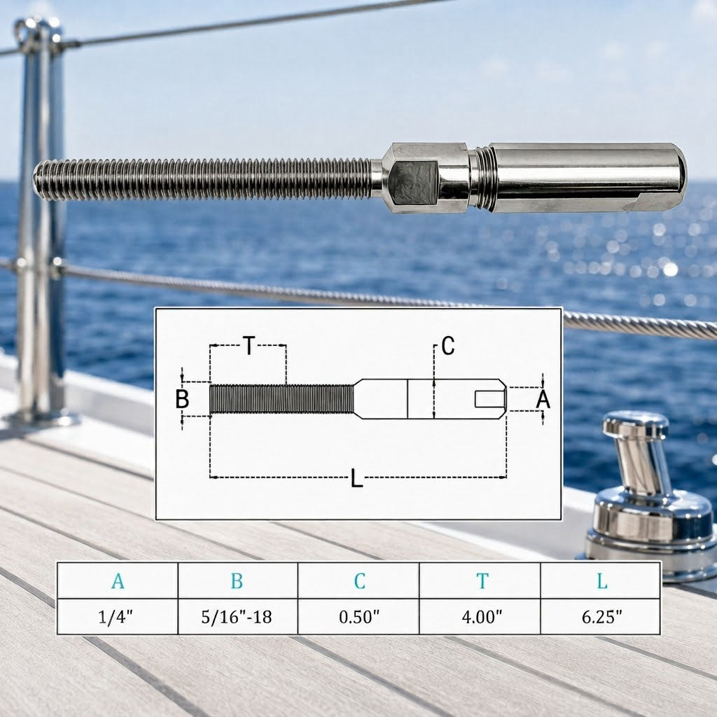 4 Pc Set Stainless Steel T316 Fully Threaded Push and Go Swageless Stud for Cable Wire, Marine Cable Railing