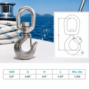 4 Pc Set Marine T316 Stainless Steel Drop Forged Swivel Eye Hook, Lifting Hook for Rigging, Chain, Rope, Dock