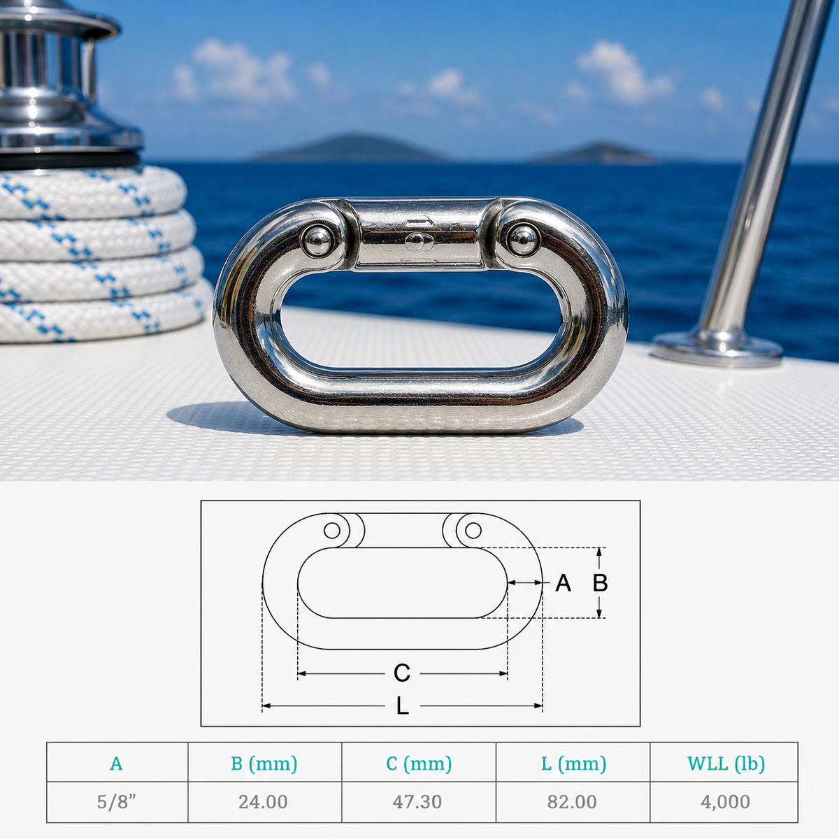 4 Pc Set Marine T316 Stainless Steel Connecting Links, Chain Connector Links for Boat, Dock, Rigging, Anchor Chain