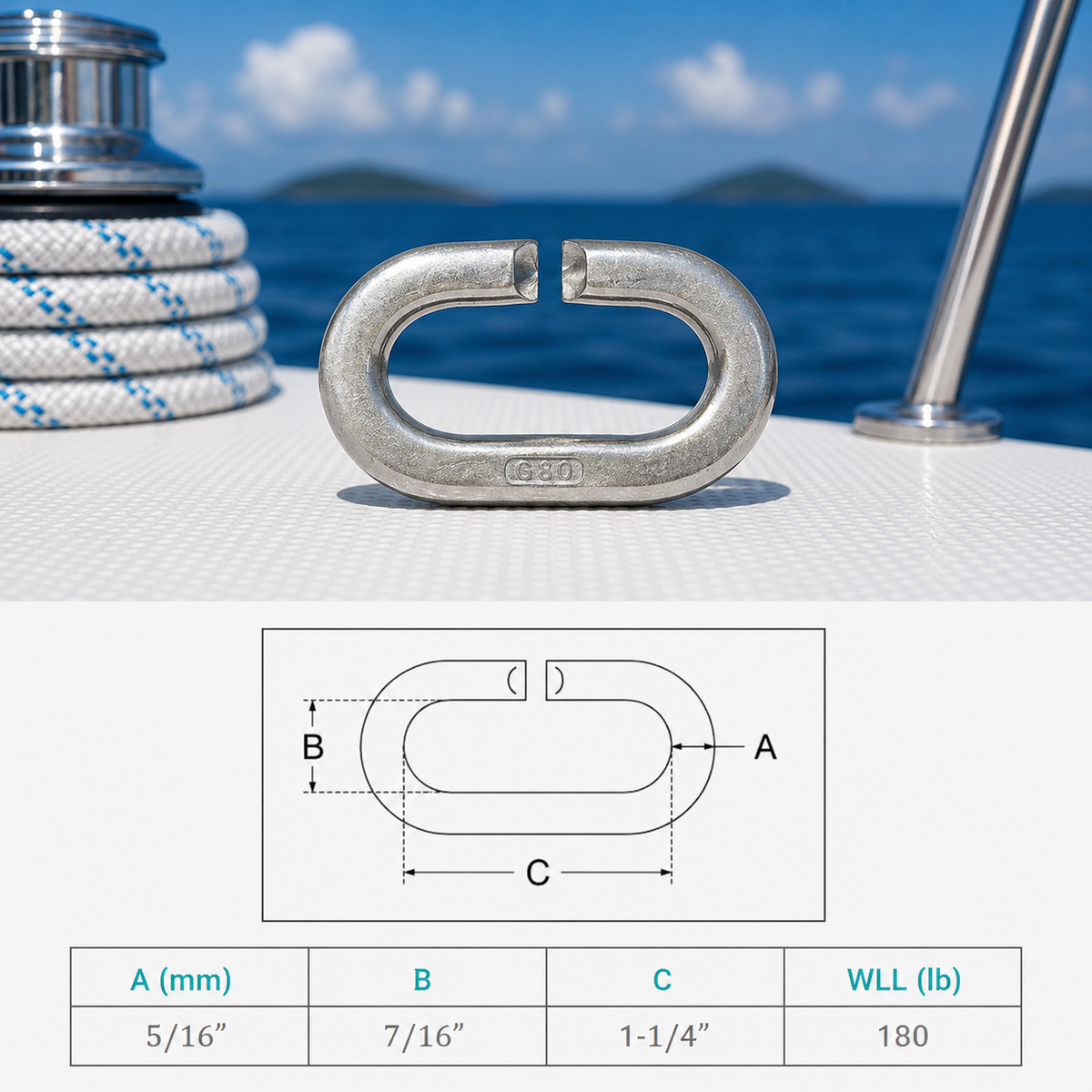 4 Pc Set Marine T316 Stainless Steel C Link Connector Link, Chain Link for Lifting, Rigging, Rope, Cable, and Dock Hardware