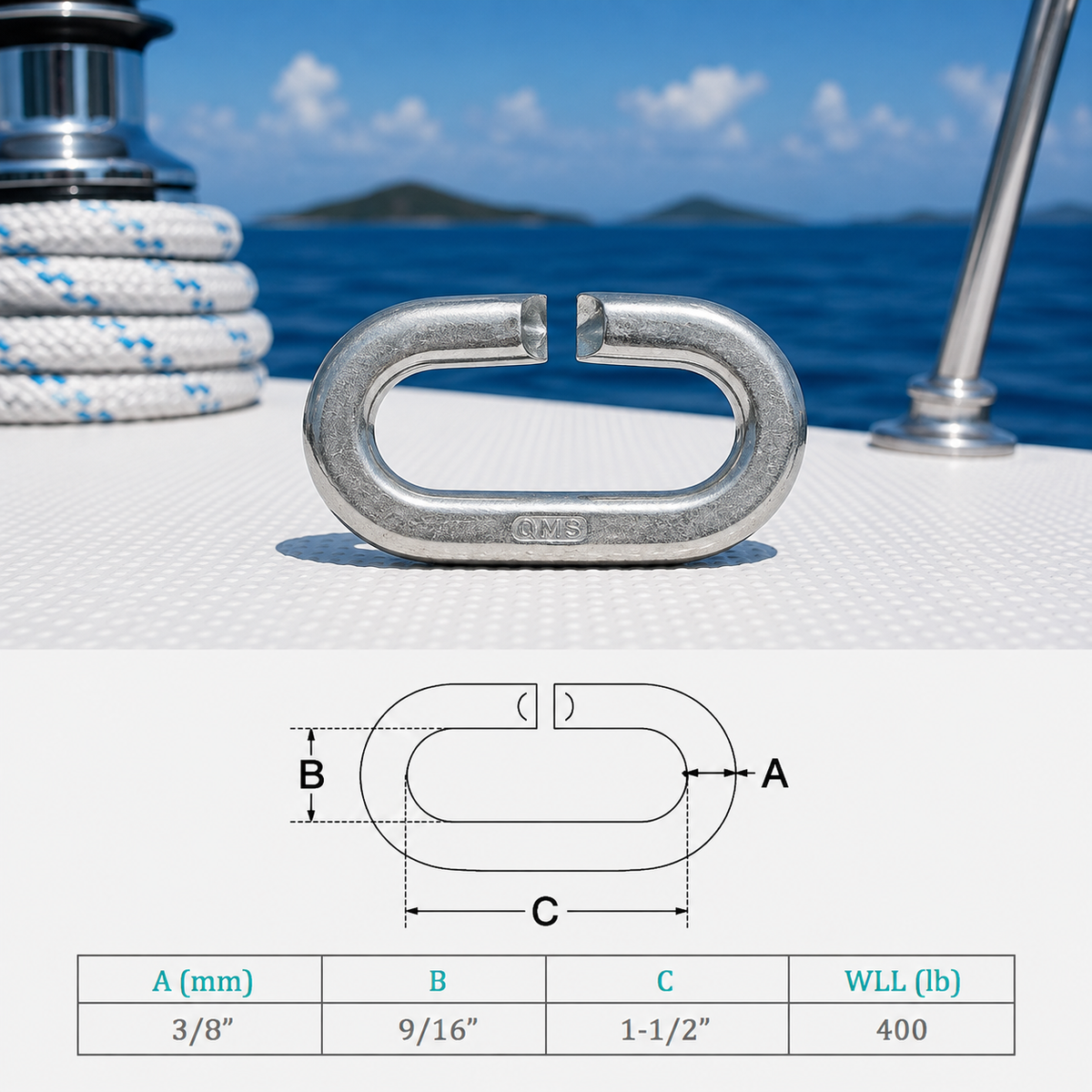 4 Pc Set Marine T316 Stainless Steel C Link Connector Link, Chain Link for Lifting, Rigging, Rope, Cable, and Dock Hardware