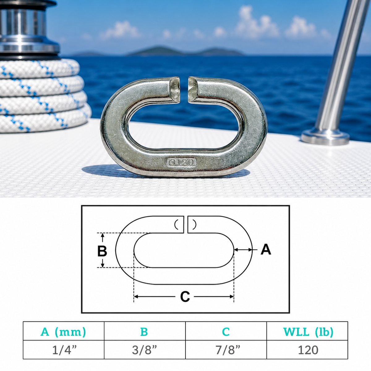 4 Pc Set Marine T316 Stainless Steel C Link Connector Link, Chain Link for Lifting, Rigging, Rope, Cable, and Dock Hardware