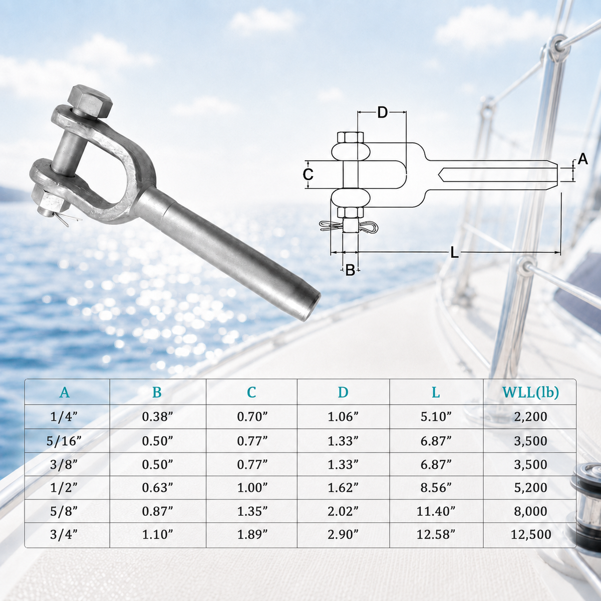 4 Pc Set Marine T316 Stainless Steel Drop Forged Swage Jaw Open Socket, Wire Rope Cable Rigging Fitting for Boat, Dock, and Deck Use