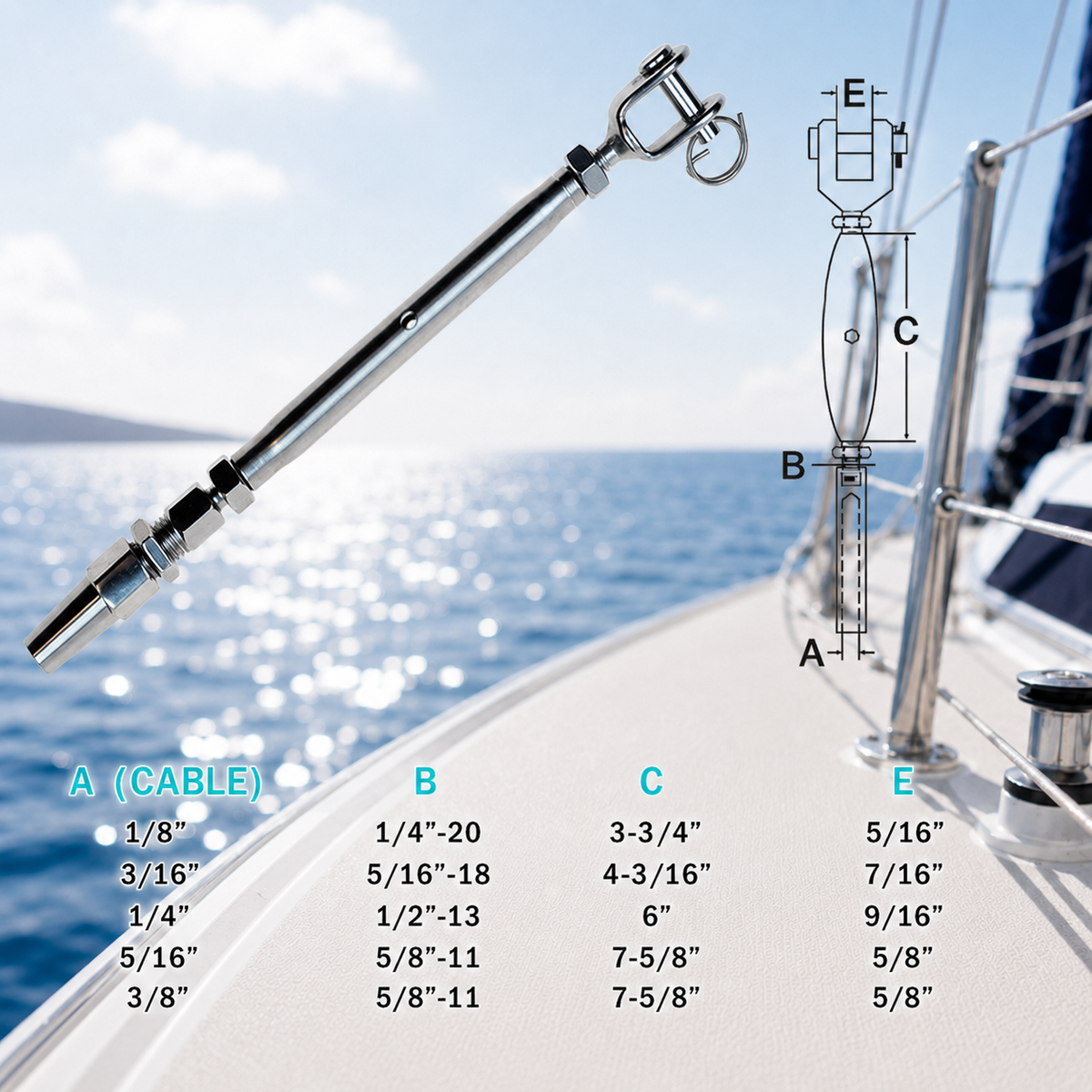 4 Pc Set Stainless Steel T316 Cable Jaw Swageless Pipe Turnbuckle, Wire Rope Railing Tensioner for Marine, Deck, and Outdoor Use